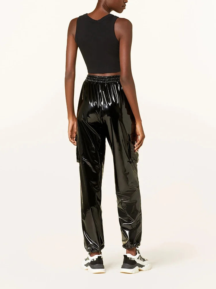Women's Shiny Faux Leather Cargo Joggers with Drawstring Waist and Cuffs
