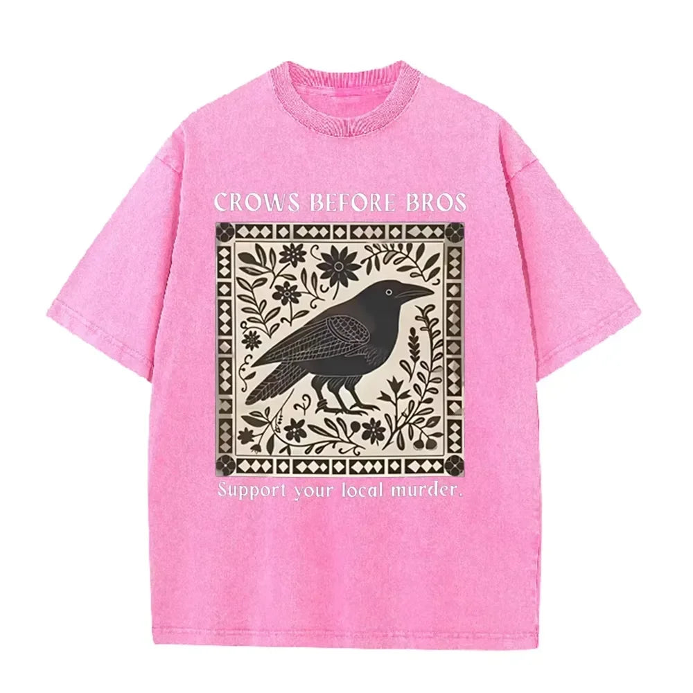 Distressed Vintage Washed Tee Vintage Square Crow Floral Print Support Local Murder Funny Slogan Loose T Shirts