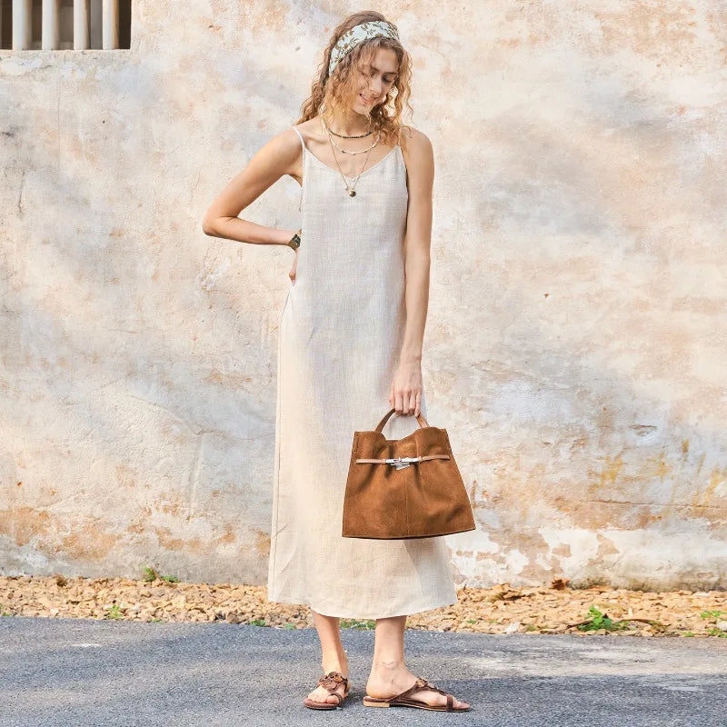 Women's Linen Sleeveless V-Neck Straight Ankle-Length Dress with Backless Detail for Summer