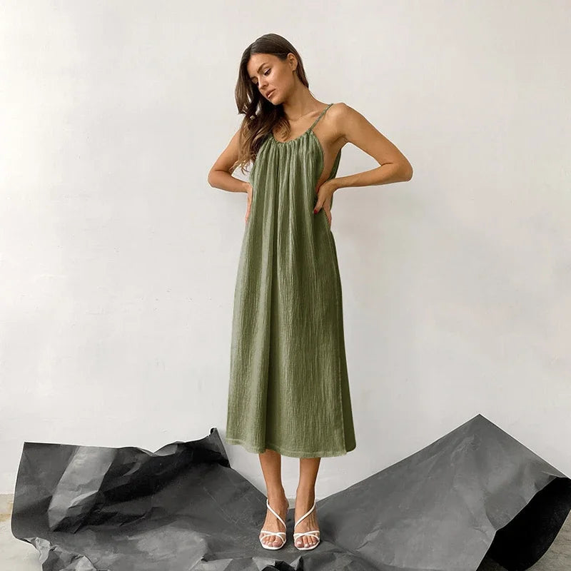 Women's Cotton Sleeveless Loose A-Line Midi Dress with Straps and Tie Detail