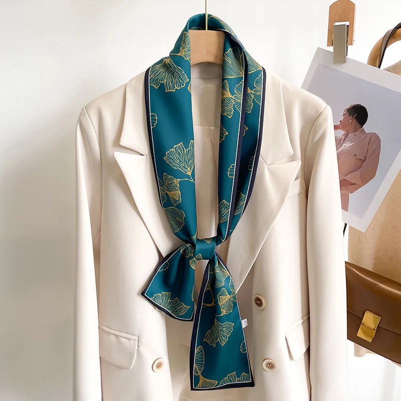 Printed Long Narrow Scarf with Decorative Ribbon Shape