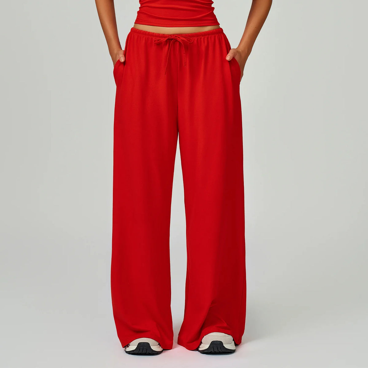 Women's Drawstring Waist Polyester Blend Palazzo Pants with Loose Wide Legs