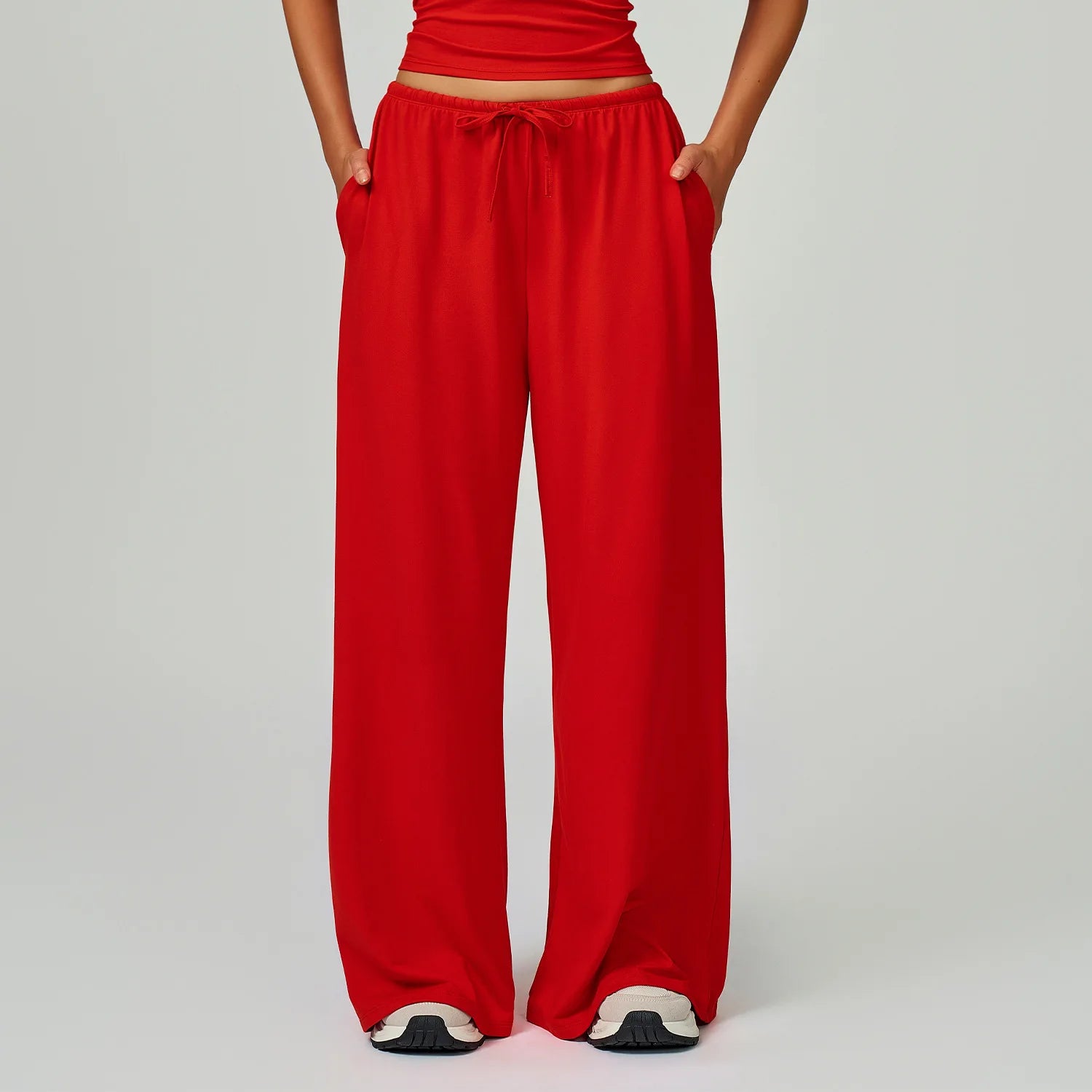 Women's Drawstring Waist Polyester Blend Palazzo Pants with Loose Wide Legs