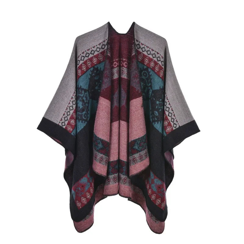 Patterned Fringed Open Front Poncho for Layering over Outfits
