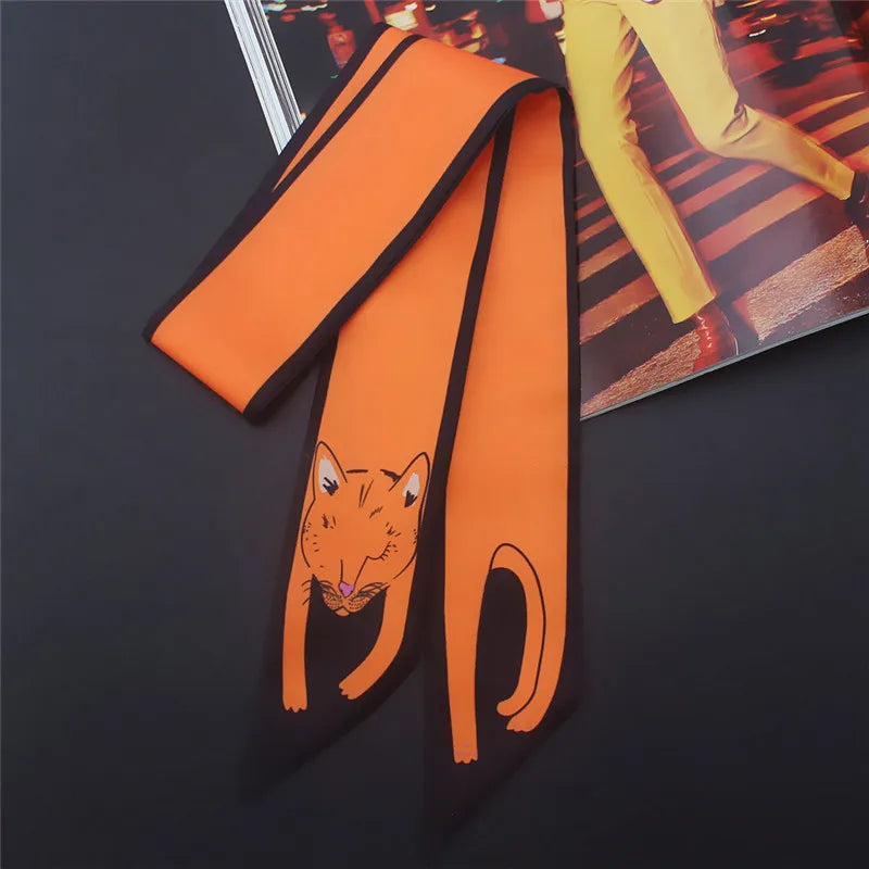 Animal Print Narrow Scarf with Pointed Tie Ends