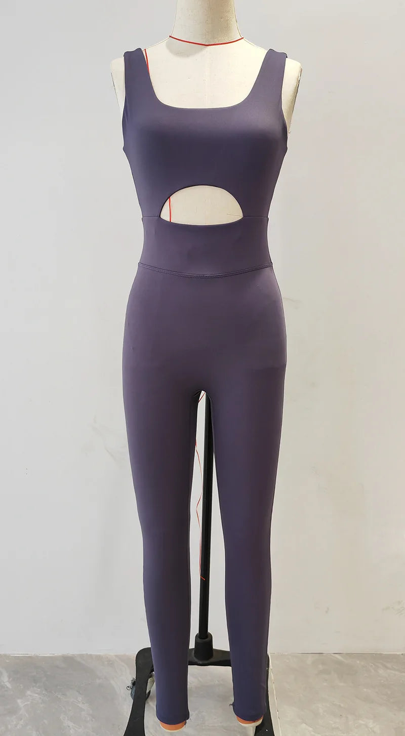 Women's Nylon Blend Workout Jumpsuit with Front Keyhole and Low V Back