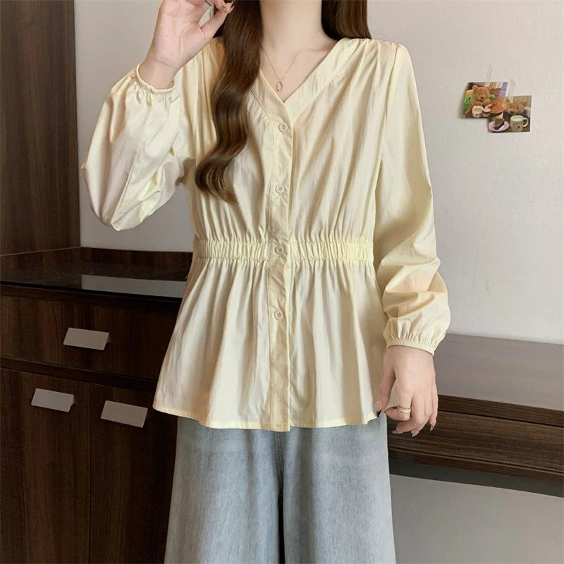Women's Smocked Waist V Neck Button Front Blouse