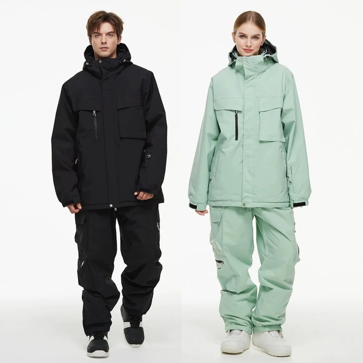 Hooded Ski Jacket and Pants Clothing Set with Style Options
