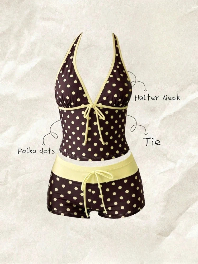 Polka Dot Halter Tankini with Swim Shorts