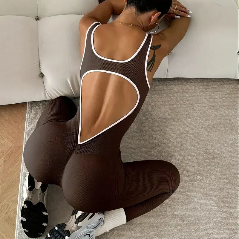 Women's Racerback Nylon Blend Workout Jumpsuit with White Trim and Back Cutout