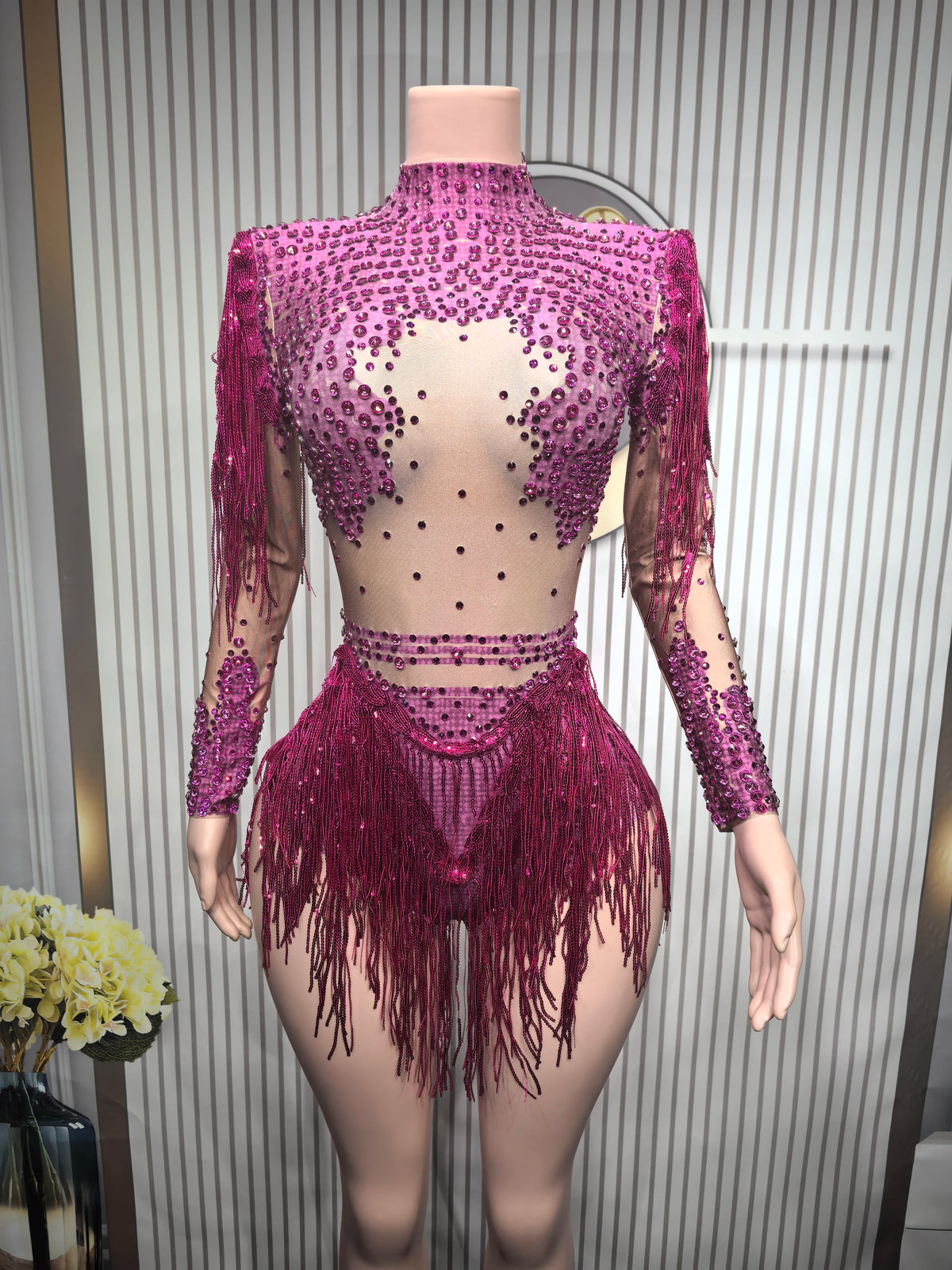 Women's Asymmetric Rhinestone Fringe Dance Bodysuit for Stage Performance Outfits
