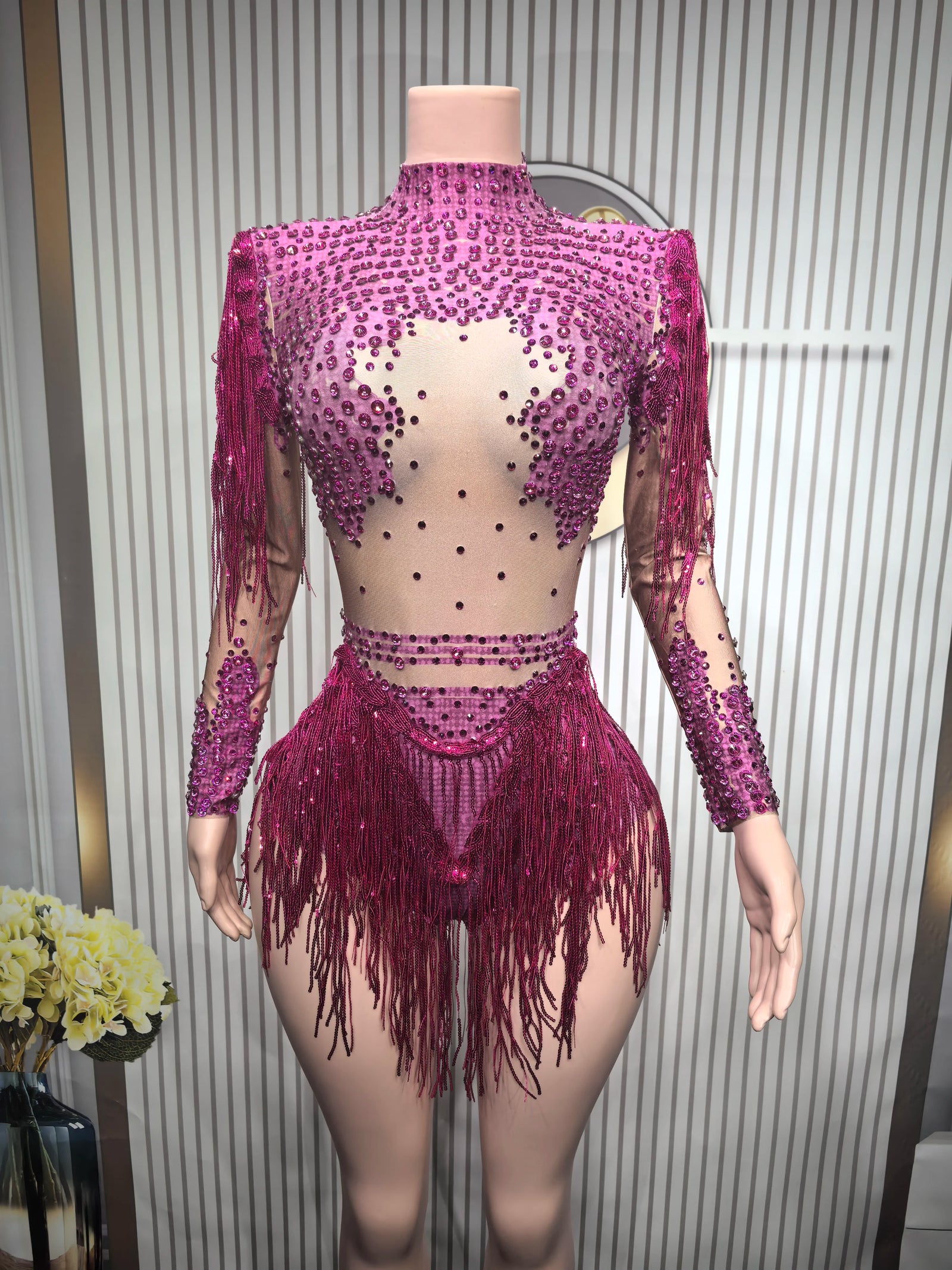 Women's Asymmetric Rhinestone Fringe Dance Bodysuit for Stage Performance Outfits
