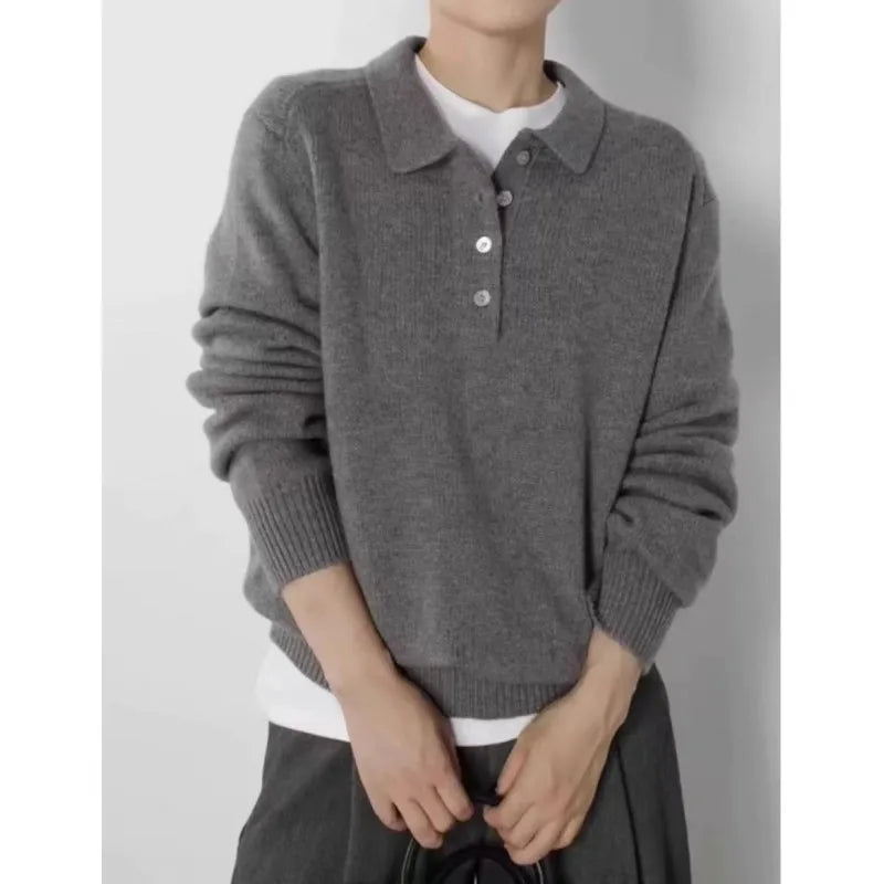 Elegant POLO semi-open neck 100%wool knitted sweater women loose long-sleeved base sweater autumn and winter