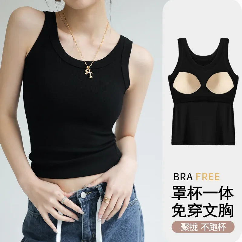 Women's Round Neck Ribbed Tank Top with Wide Straps and Padded Bust