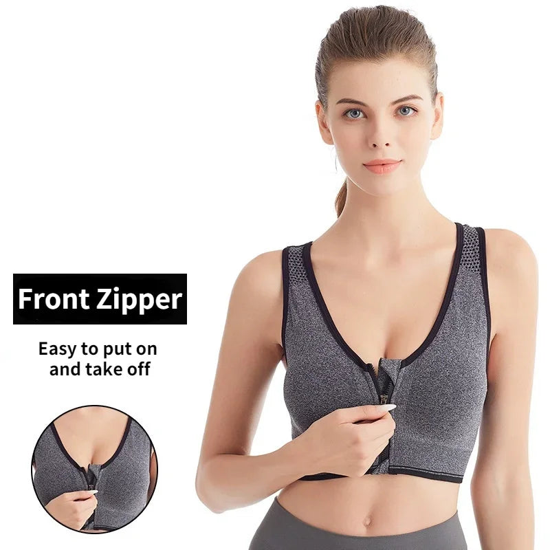Women's Front Zip Cross Back Sports Bra