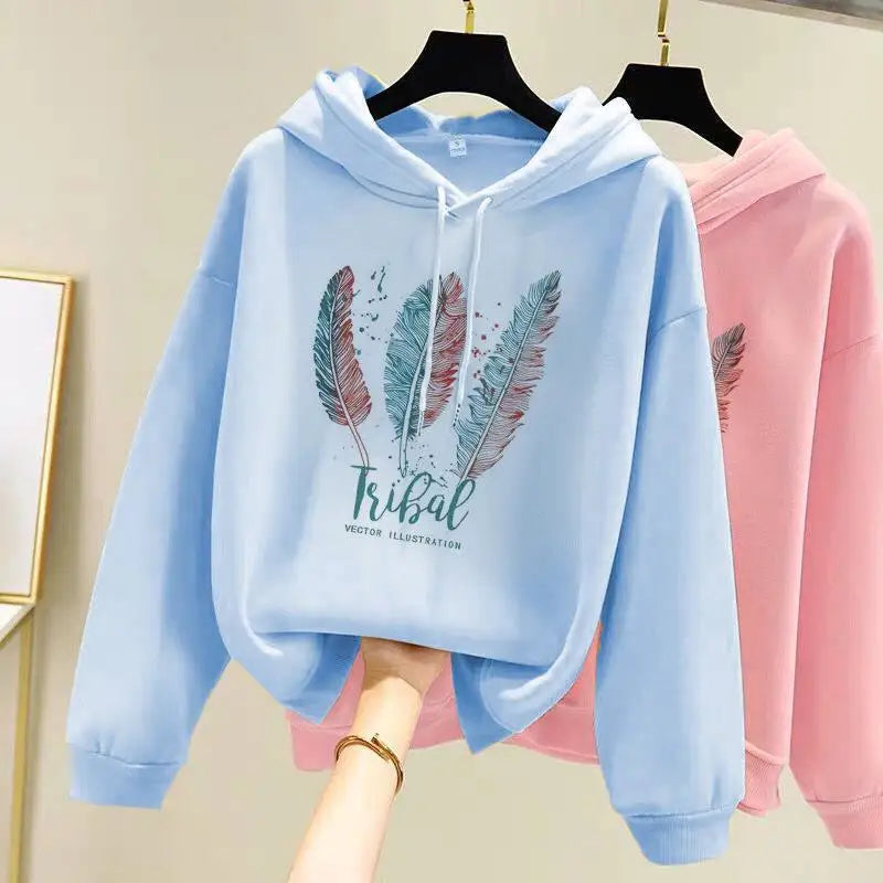 Feather Graphic Long Sleeve Pullover Casual Hoodie for Layering