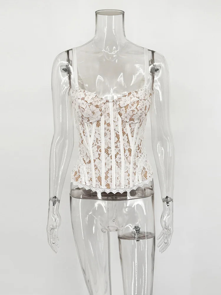 Women's Lace Polyester Bustier Crop Top with Thin Straps and Lace Up Back