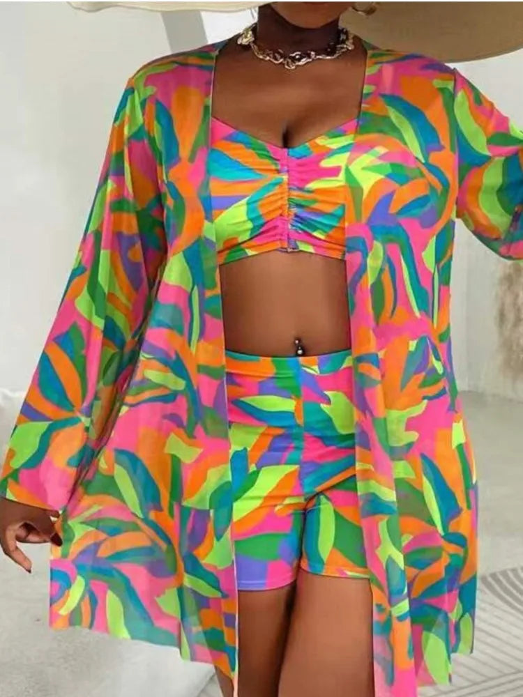 Women's Colourful Printed Bikini Shorts Set with Matching Cover Up