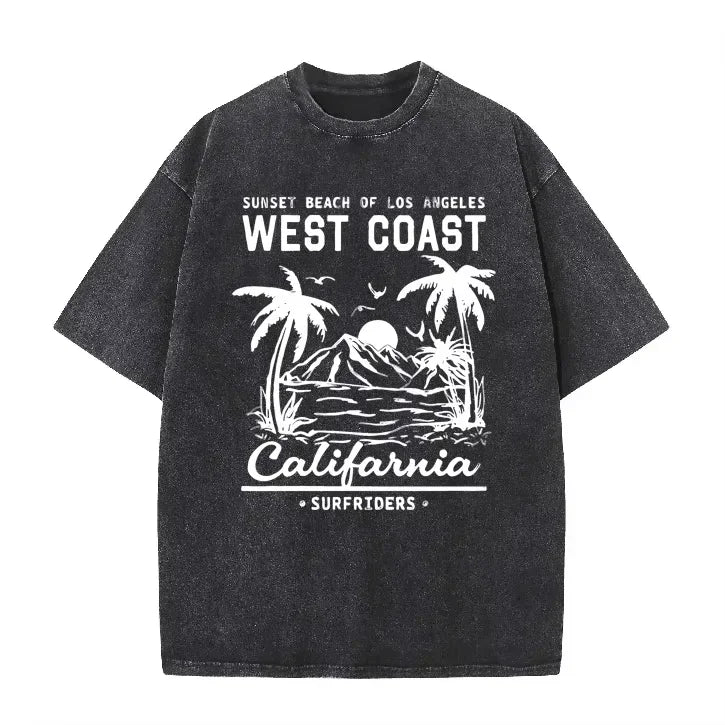 Vintage Washed T Shirt West Coast California Sunset Beach Palm Tree Surf Print Oversized Retro Street Short Sleeve Tee AsianSize