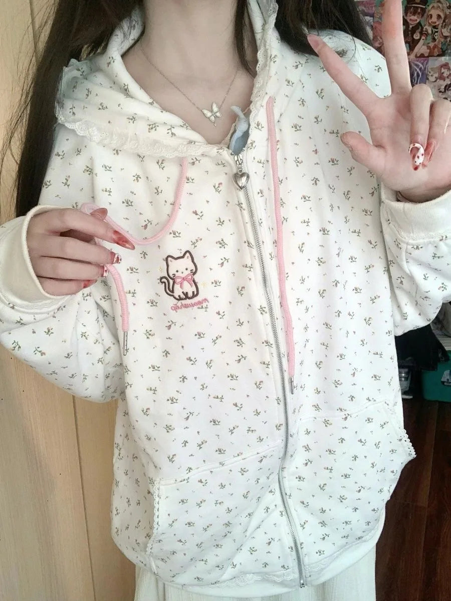 Cartoon Graphic Long Sleeve Full Zip Casual Hoodie
