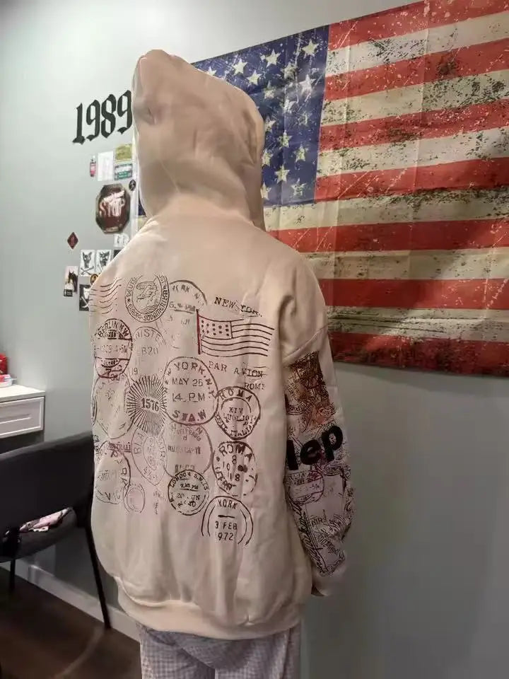 Abstract-Print Loose-Fit Long-Sleeve Zip-Front Hoodie