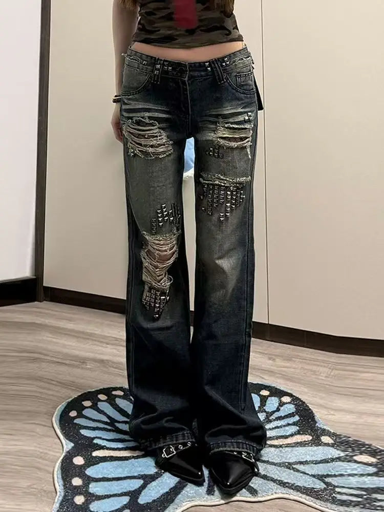 Women's Rivet Distressed Flared Leg Denim Jeans For Everyday Outfits