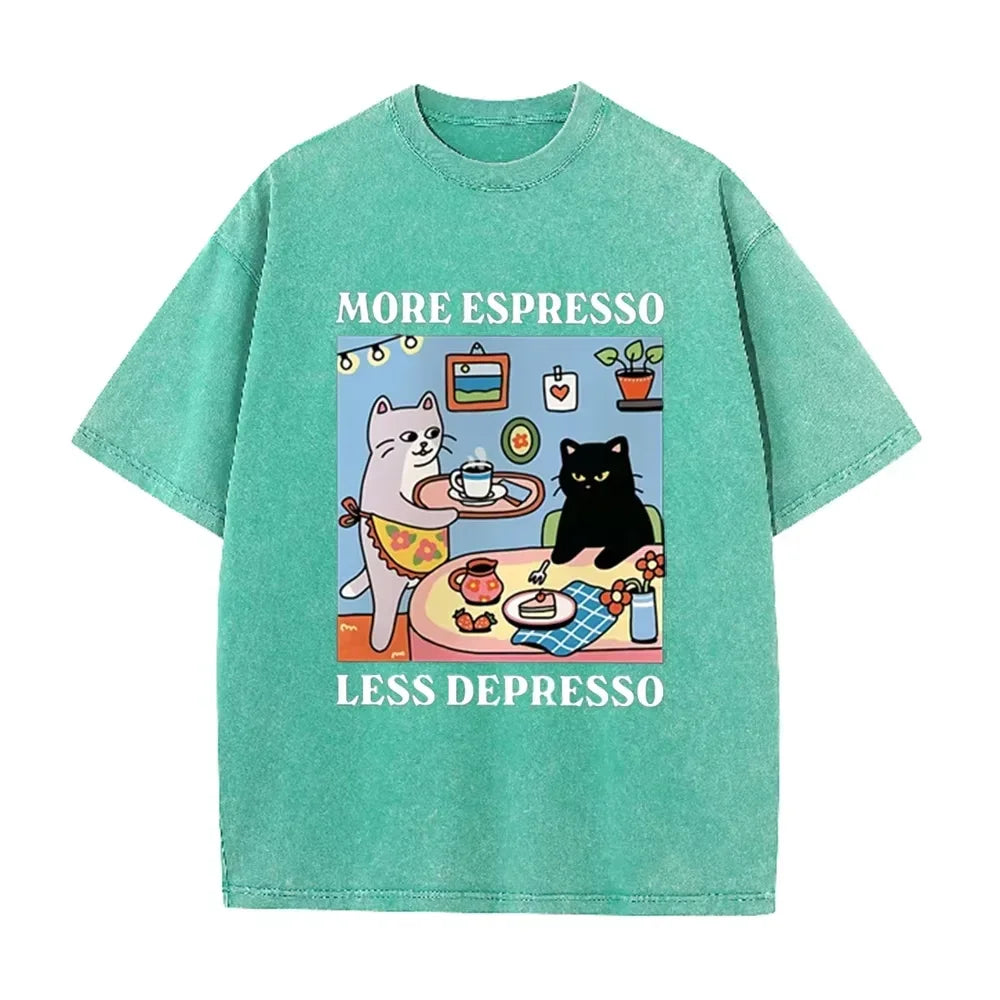 Vintage Black Cat Coffee T Shirt More Espresso Less Depresso Graphic Acid Wash Tee