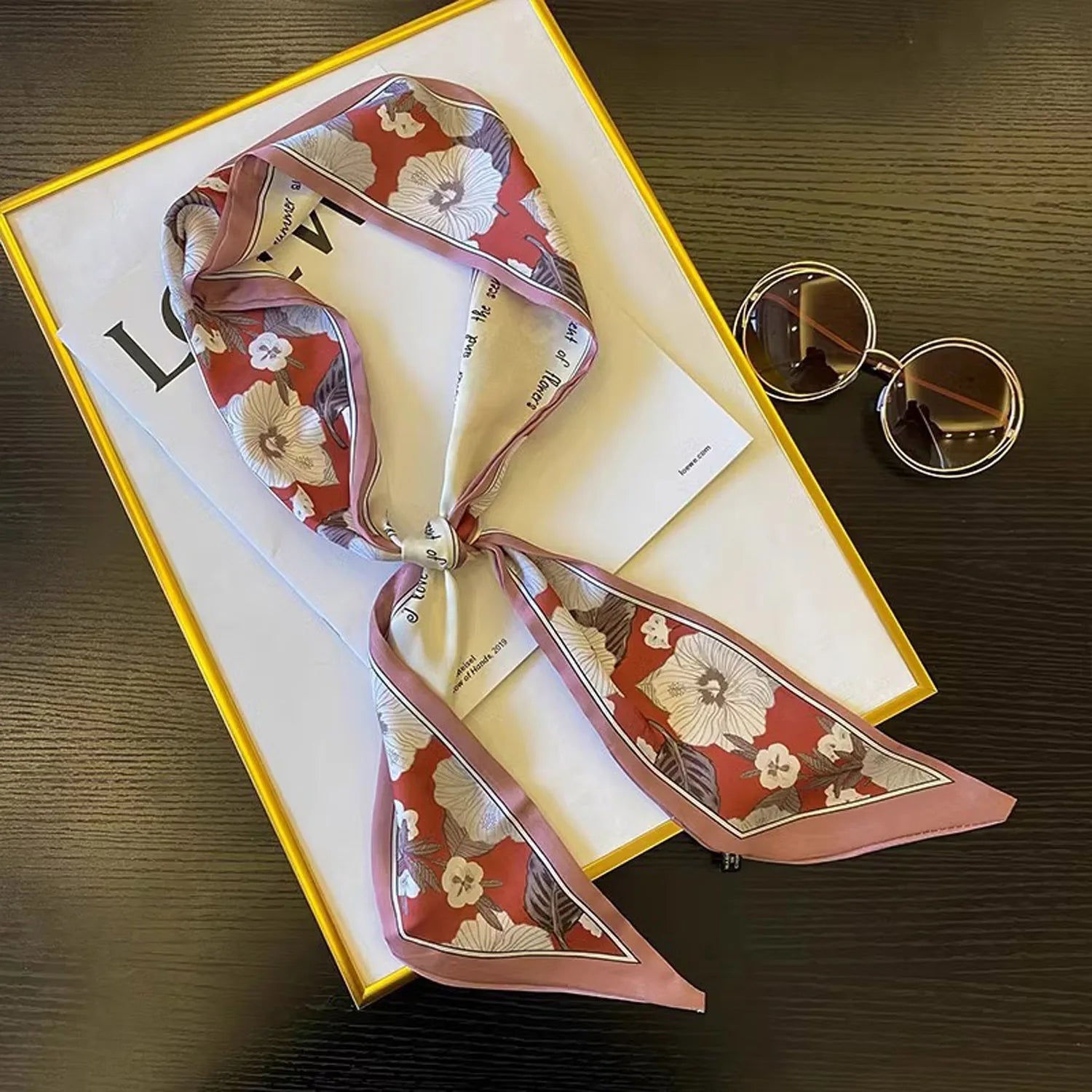 Printed Narrow Long Scarf with Pointed Ribbon Ends