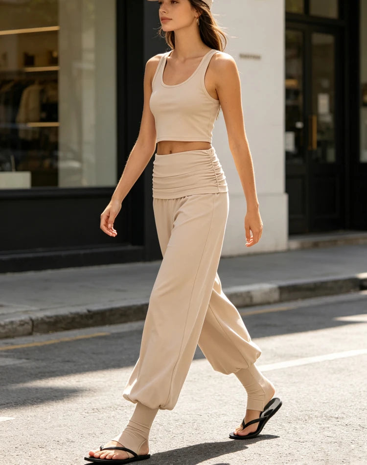 Women's Fold Over Waist Nylon Blend Harem Pants with Loose Legs