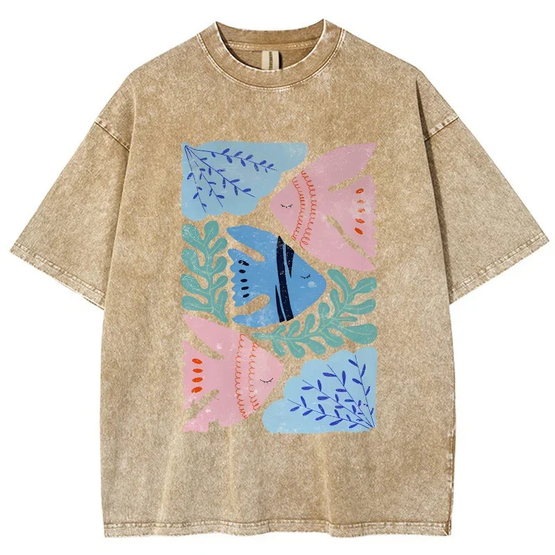 Feng Shui Minimalist Cartoon Printed Men's T-shirt Large Loose T-shirt Casual Retro Washed Short Sleeved T-shirt