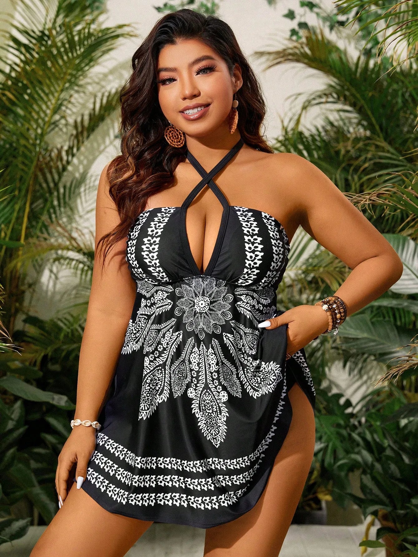 Women's Printed Cross Strap Halter Skirted Swimdress Bathing Suit