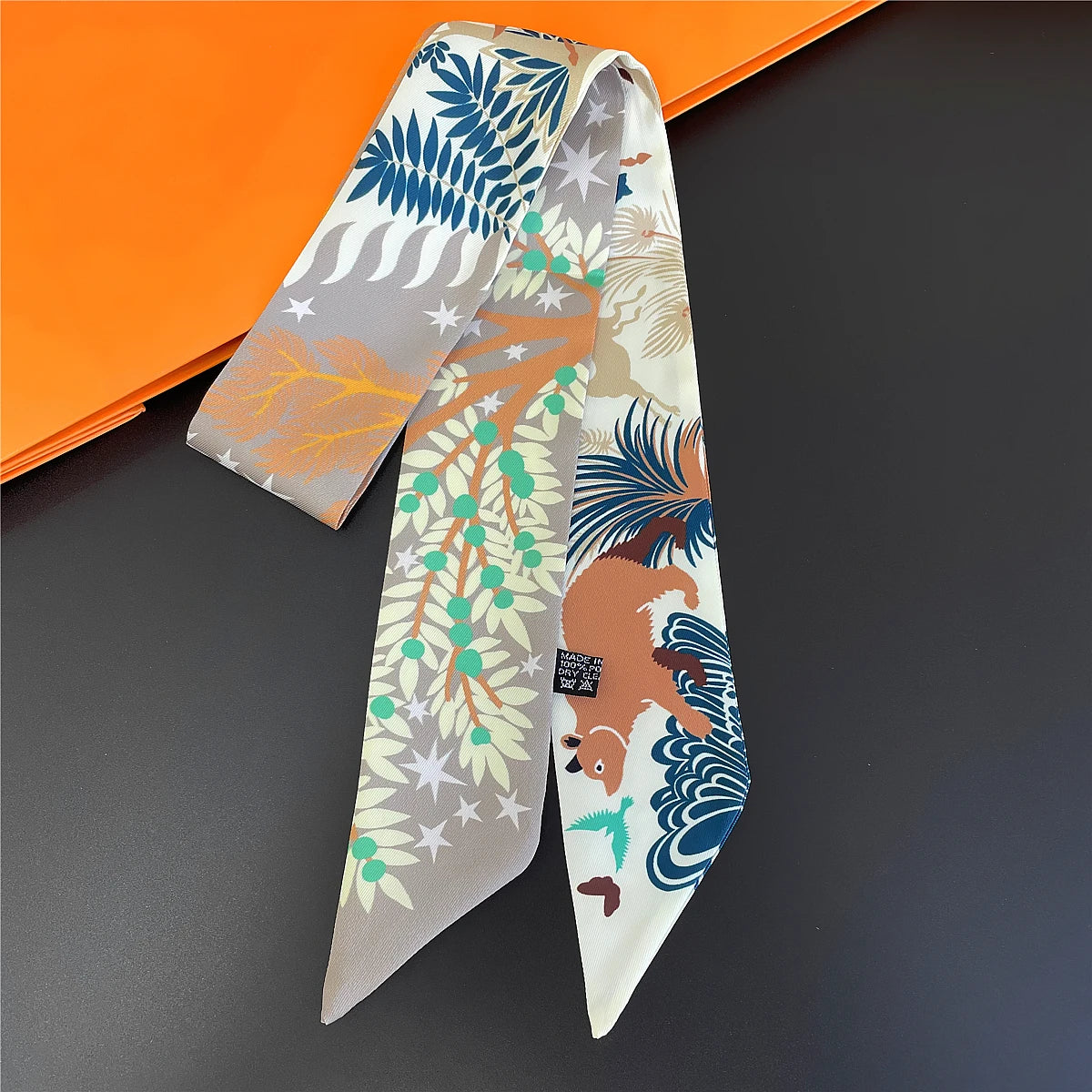 Colorful Printed Skinny Ribbon Scarf with Tie Ends