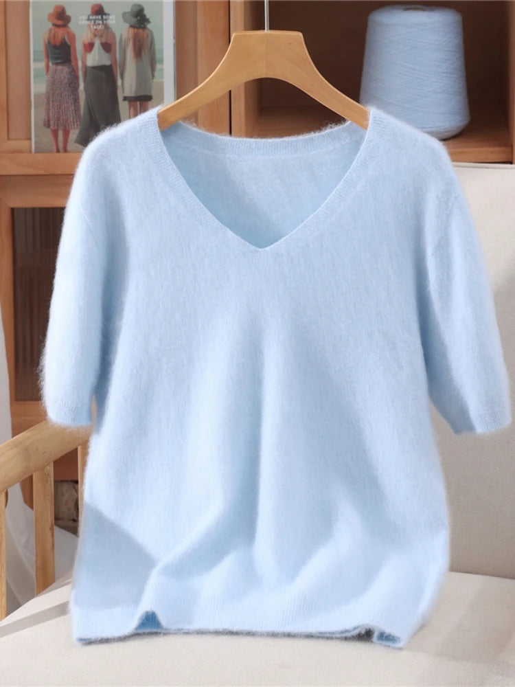 Women's V Neck Short Sleeve Sweater Casual Knit Layer