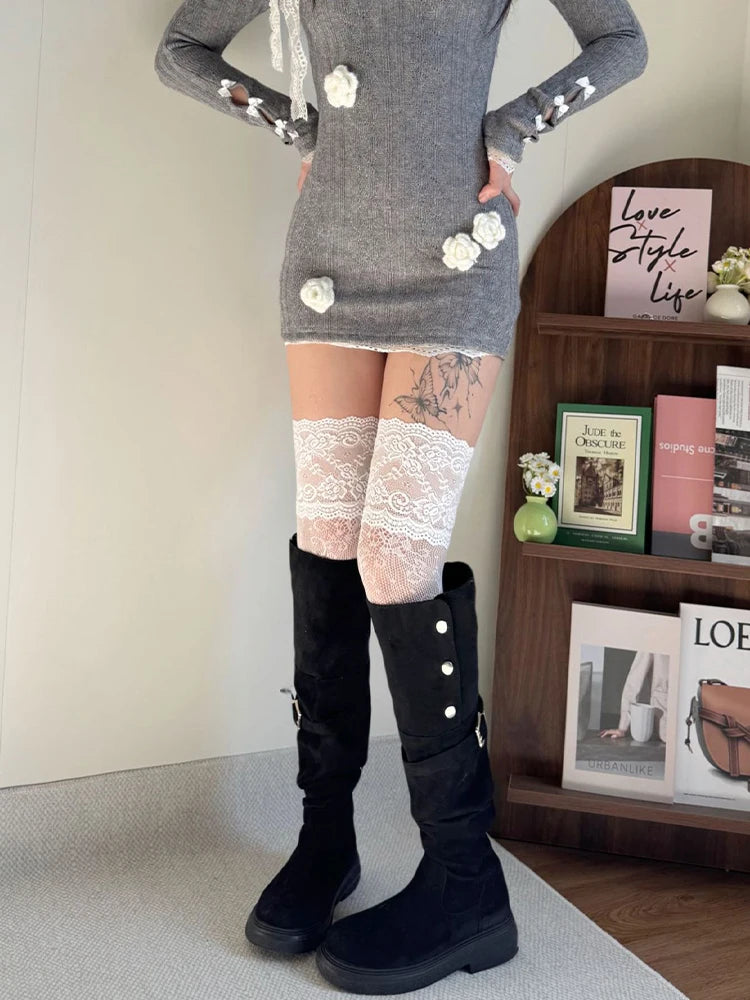 Floral Lace Thigh High Stockings with Decorative Cuffs