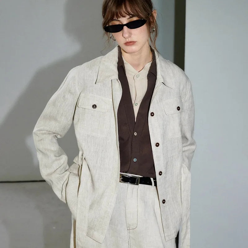 Women's Linen Long-Sleeve Collared Button-Front Jacket with Drawstring Waist and Front Pockets