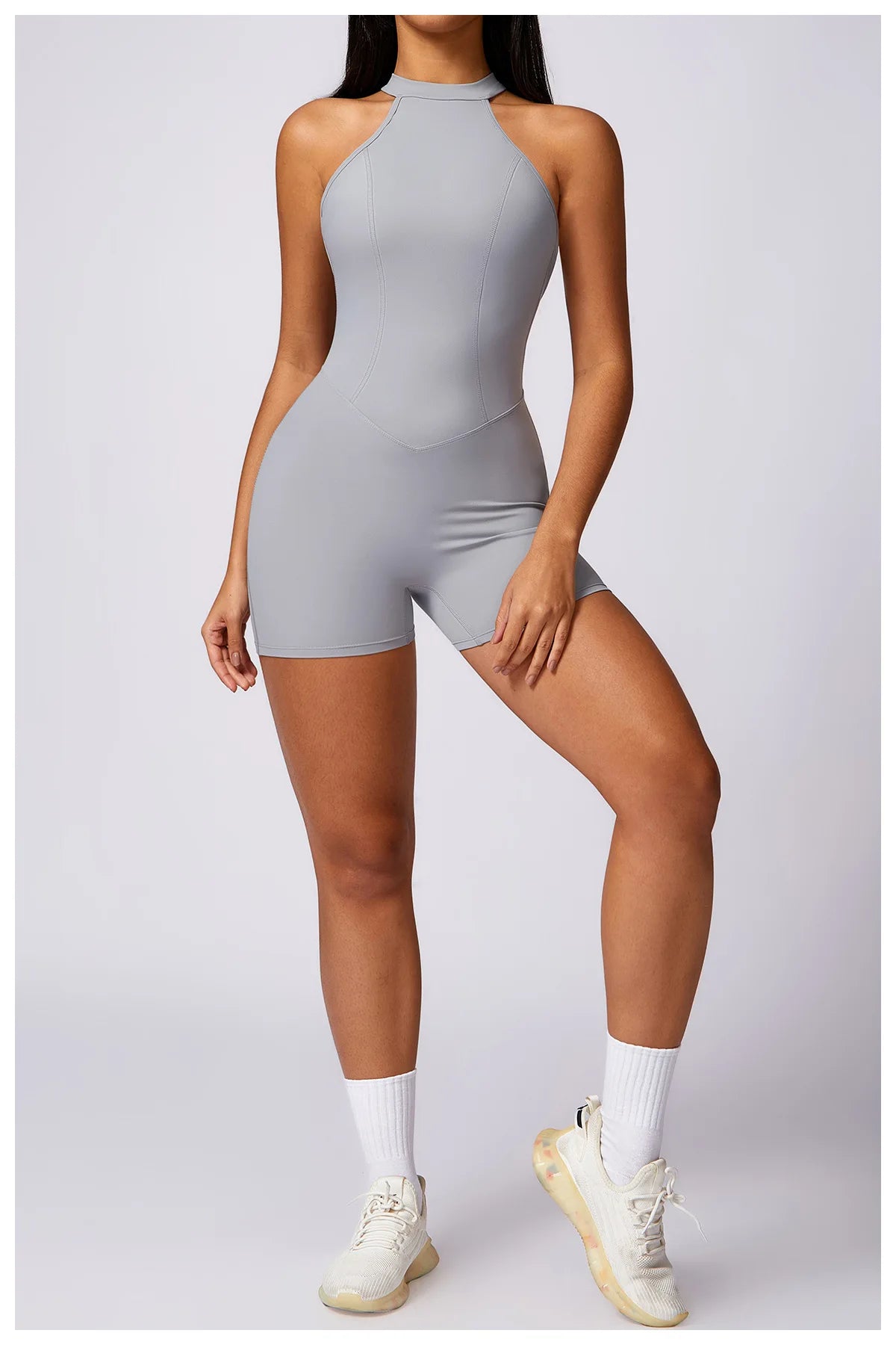 Women's High Neck Nylon Blend Romper with an Open Back