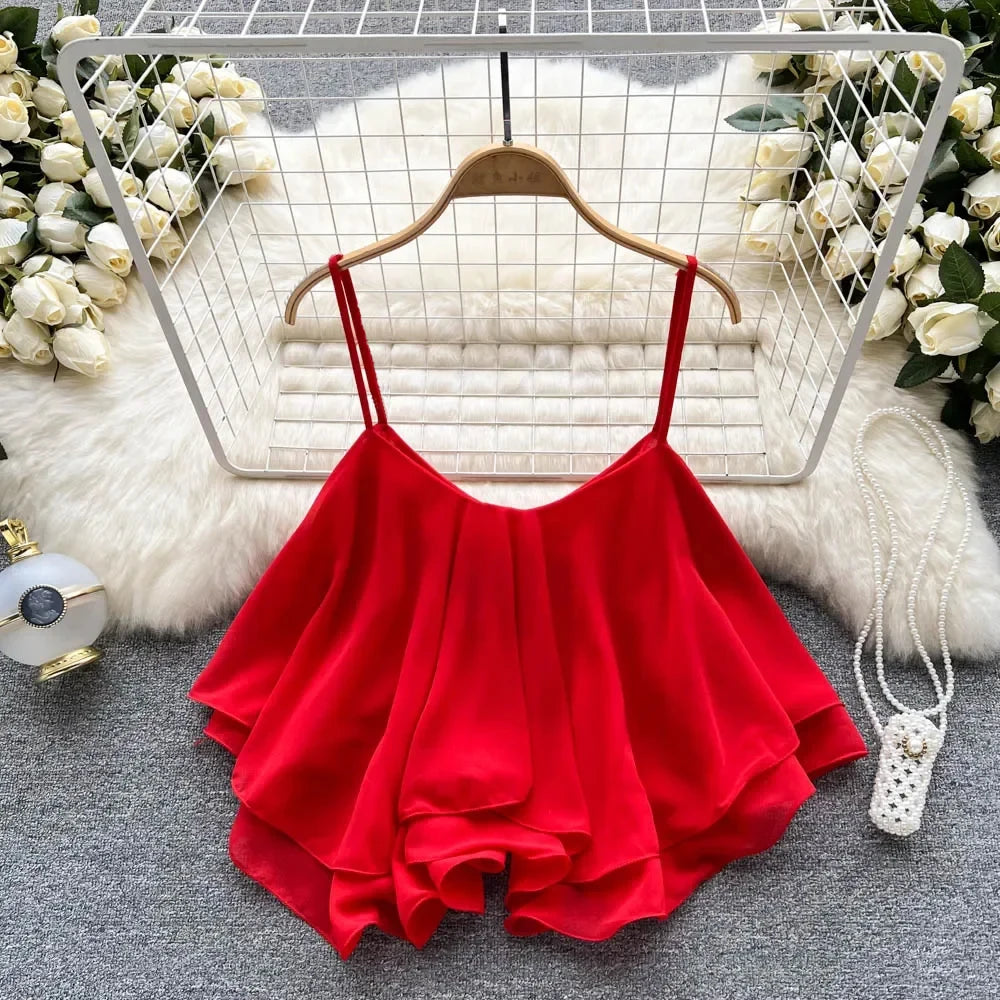 Women's Ruffle Hem Crop Top with Spaghetti Straps and Cropped Length