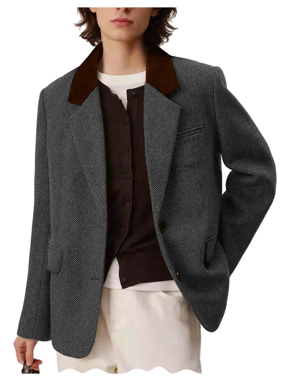 Men's Herringbone Two-Button Notch-Lapel Blazer with Contrast Collar