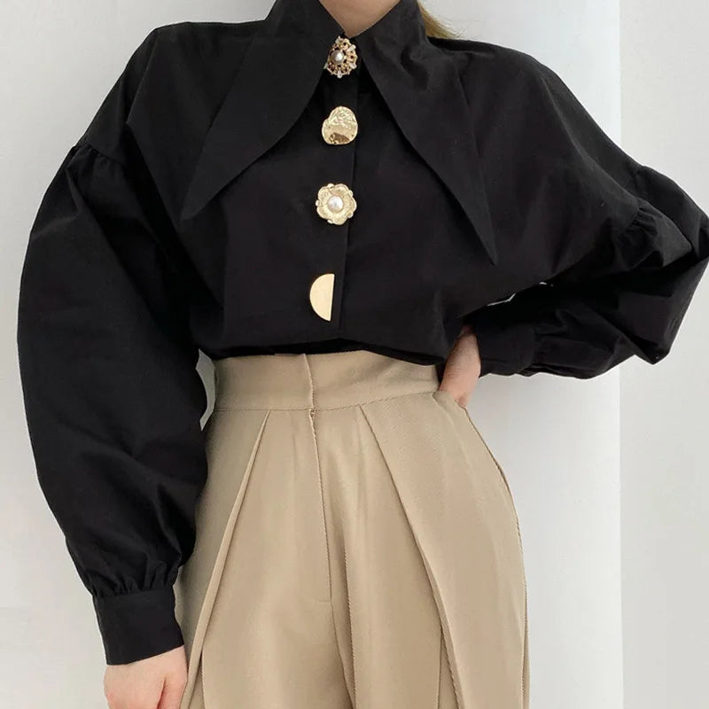 Women's Cropped Puff Sleeve Statement Button Blouse