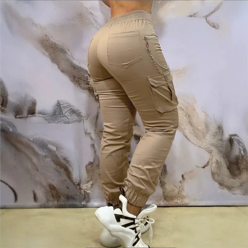 Women's Khaki Cargo Joggers with Gathered Cuffs and Side Pockets