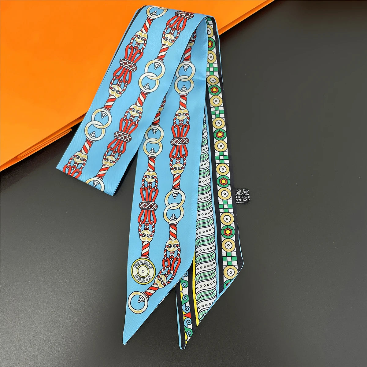 Colorful Printed Skinny Ribbon Scarf with Tie Ends