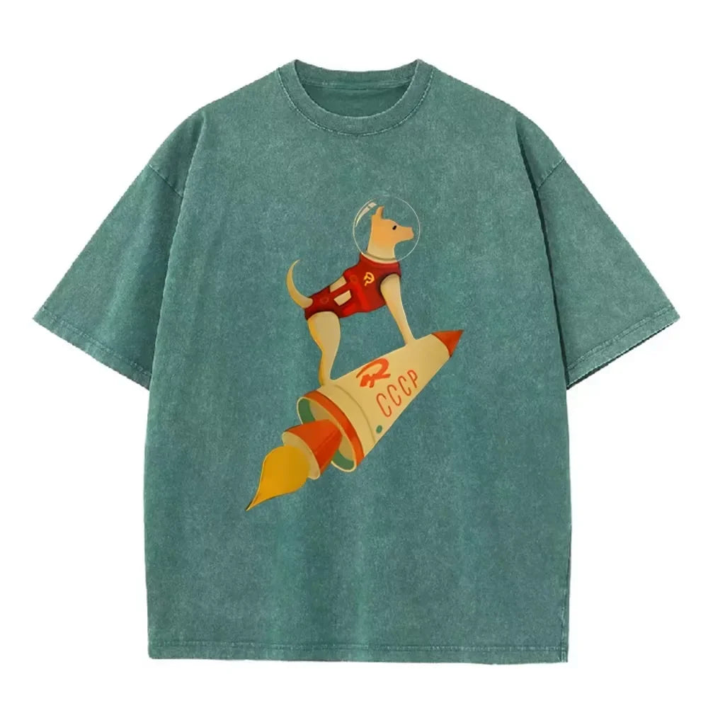 Vintage Washed Gray Tshirt CCCP Laika Space Dog Rocket Cartoon Print Loose Short Sleeve Retro Soviet Casual Tee