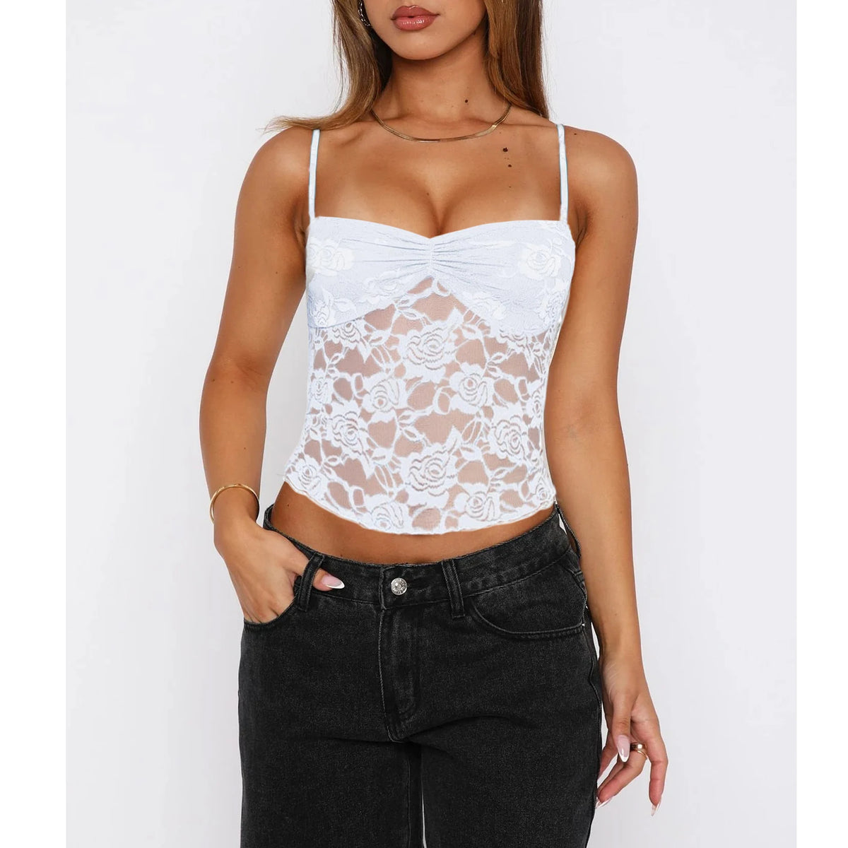 Women's Ruched Front Polyester Blend Lace Camisole with Thin Shoulder Straps