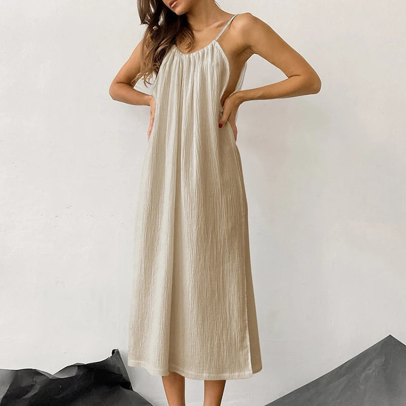 Women's Cotton Sleeveless Loose A-Line Midi Dress with Straps and Tie Detail