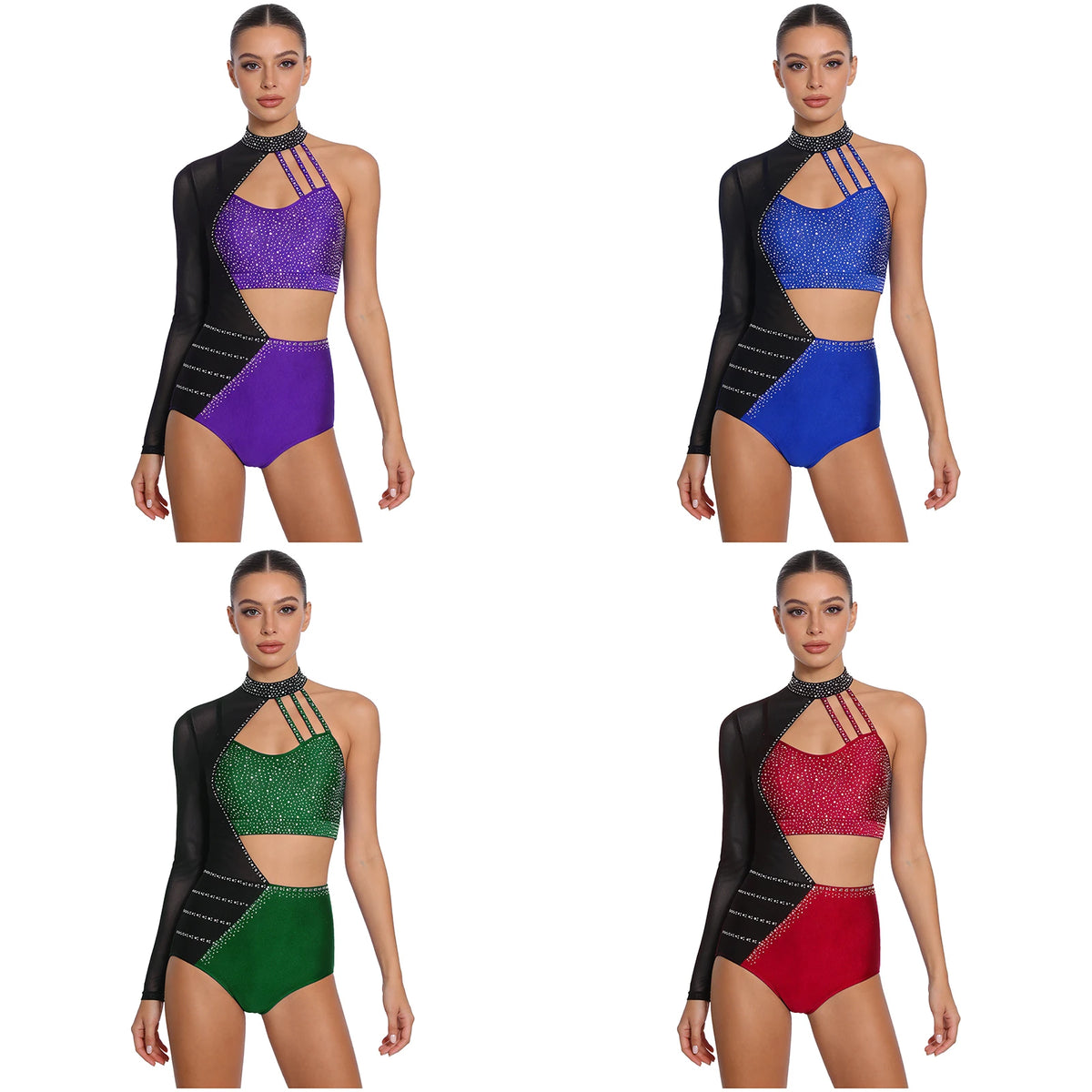 Women's Asymmetric Rhinestone Dance Bodysuit with Cutouts and Mesh Sleeve