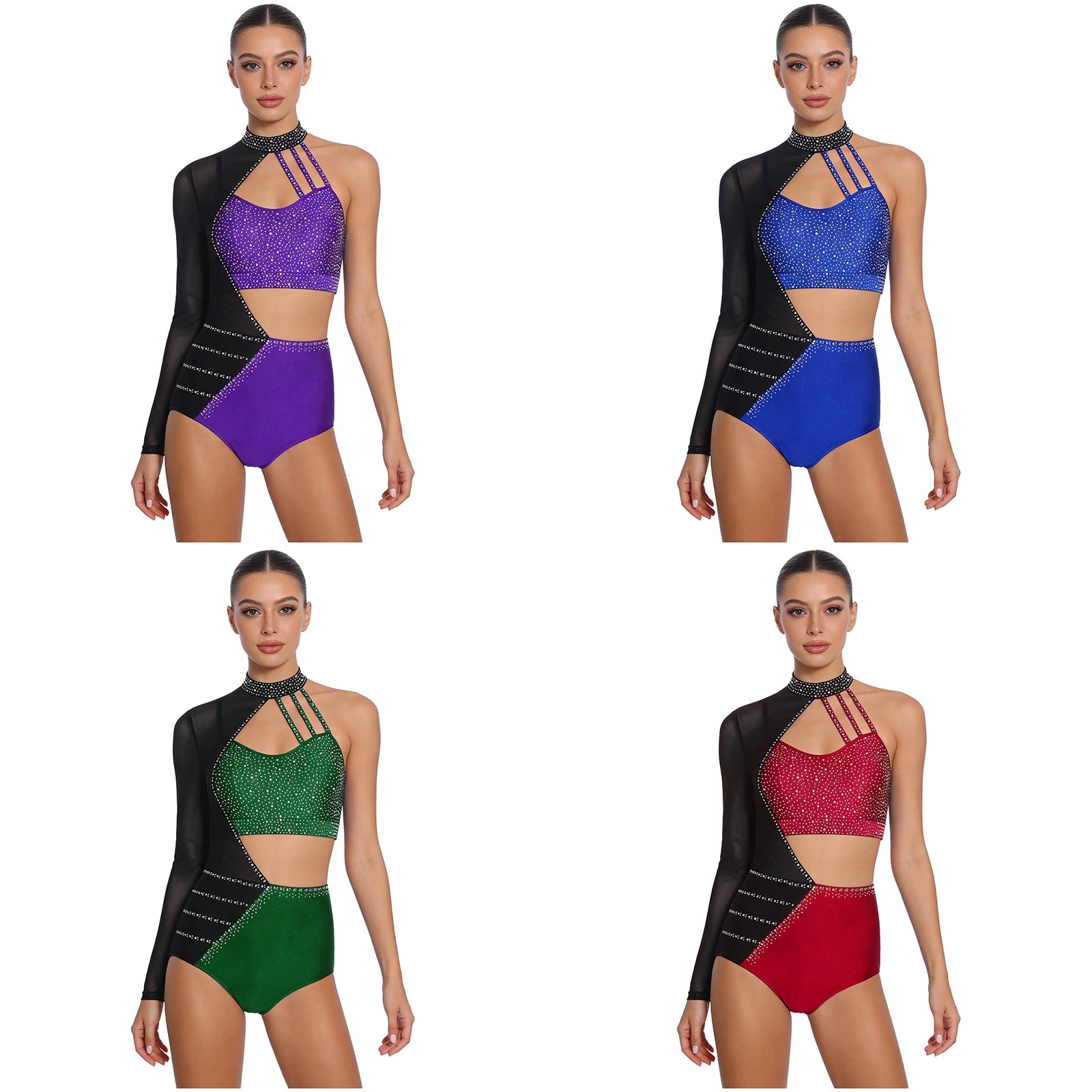 Women's Asymmetric Rhinestone Dance Bodysuit with Cutouts and Mesh Sleeve