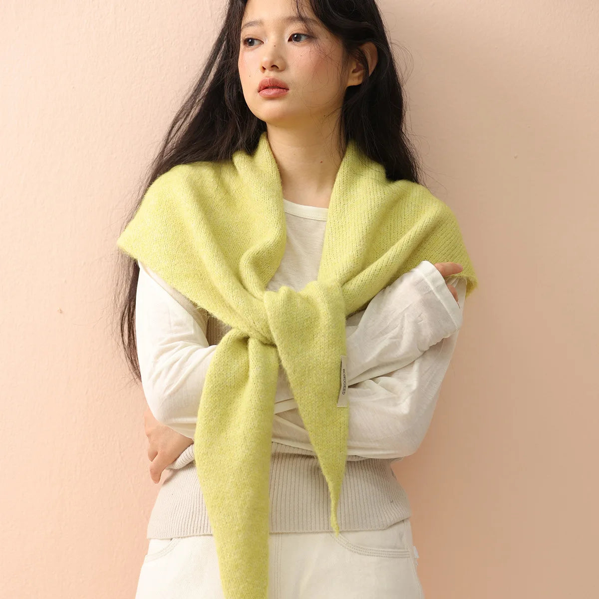 Solid Knitted Triangle Scarf with Long Pointed Ends