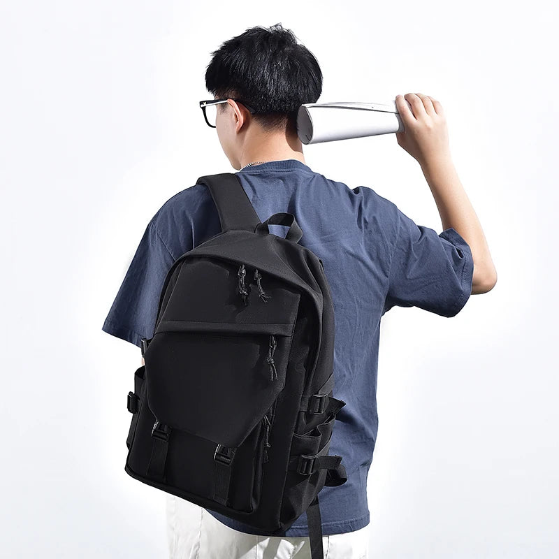 Plain Laptop Backpack with Front Pockets and Side Buckle Strap Details