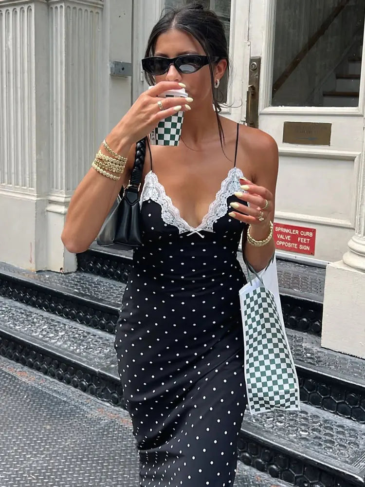 Women's Lace V Neck Spaghetti Strap Maxi Dress For Casual Outfits