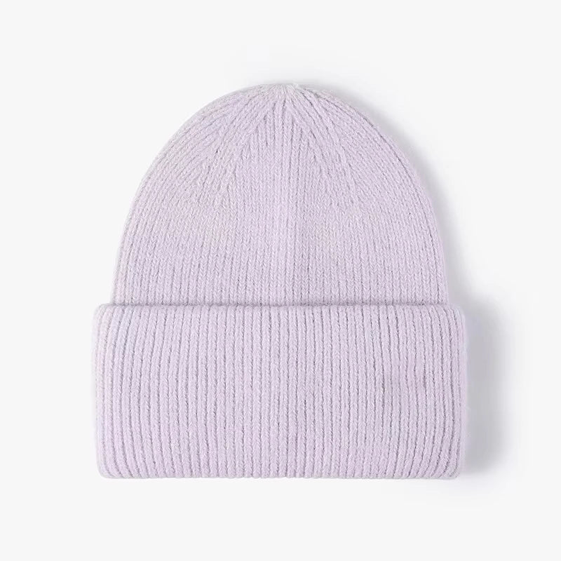 Solid Ribbed Knit Beanie with Wide Folded Cuff